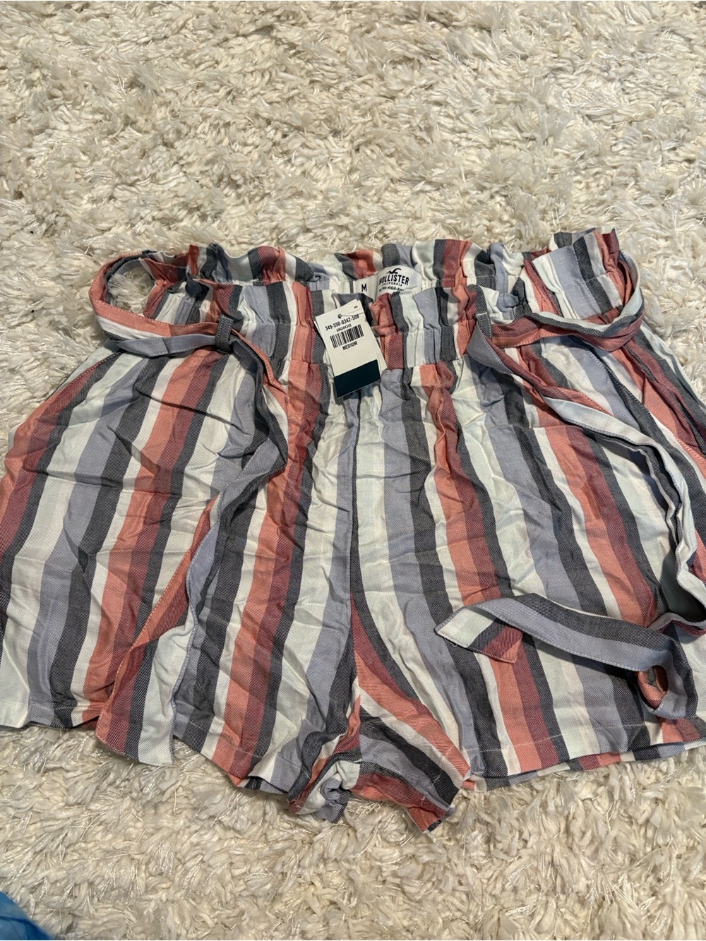 Hollister Red, Blue & Cream Striped Paperbag Waist Shorts